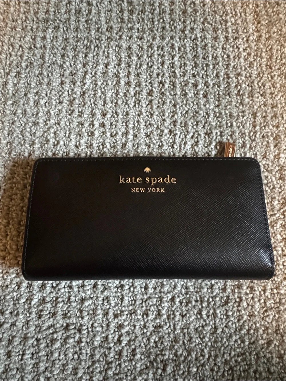 kate spade Black Saffiano Zip Wallet with Gold Logo